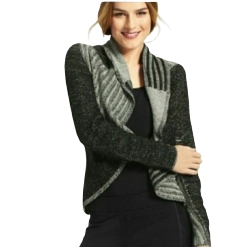 Cabi Black/Grey Open Front Cardigan Size S Wool Blend Patchwork Flowy Boxy Fit